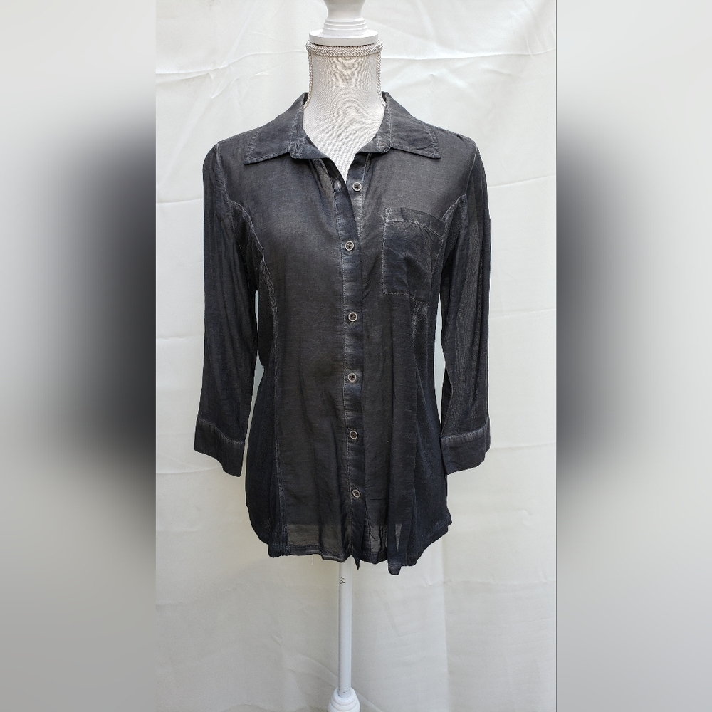 Sheer Charcoal Gray Button-Up Blouse Size M
